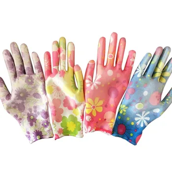 Åndbar havehandsker Blomster Print Nylon PU-Handsker havehandsker Kvinder, Non-slip Husarbejde Rengøring Handsker