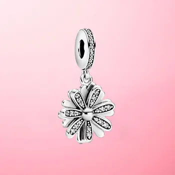 Ægte 925 Sterling Sølv Mousserende Daisy Blomst Heart Charm Perler passer Oprindelige Pandora Charms, Armbånd, Vedhæng Smykker