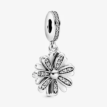Ægte 925 Sterling Sølv Mousserende Daisy Blomst Heart Charm Perler passer Oprindelige Pandora Charms, Armbånd, Vedhæng Smykker