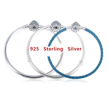Ægte 925 Sterling Sølv Muslingeskal Lås Turkis Læder Armbånd Armbånd Passer Til Kvinder Perle-Charme Mode Smykker