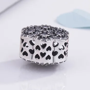 Ægte 925 Sterling Sølv-Perle-Charme Hule Kærlighed Hjerte Med Krystal-Blomst Perler Passer til Kvinder pan Armbånd & Halskæde Jewelr