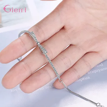 Ægte 925 Sterling Sølv Sløjfe Knude Mønster Micro Skinnende Krystal Banet Armbånd Til Kvinder Bryllup Fine Smykker Pige Gave